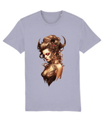 Light purple t-shirt with a graphic of a woman's head with long hair on a white background