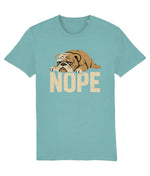 Women's Teal t-shirt with a bulldog graphic and 'NOPE' text on a white background