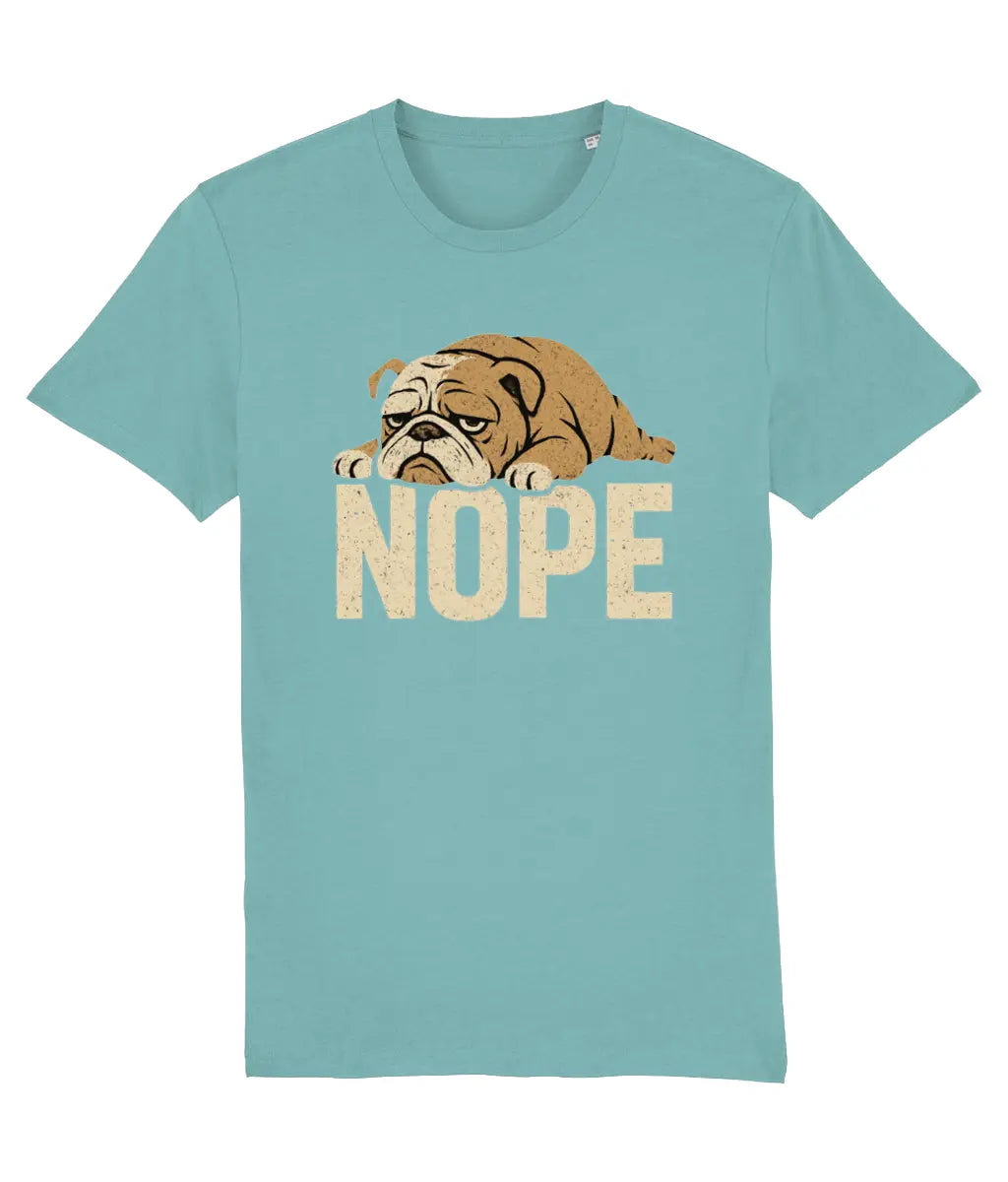 Women's Teal t-shirt with a bulldog graphic and 'NOPE' text on a white background