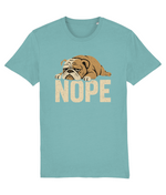 Women's Teal t-shirt with a bulldog graphic and 'NOPE' text on a white background