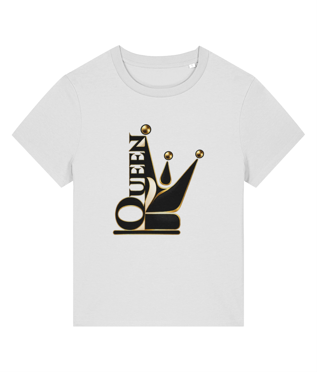 A white short-sleeve crewneck womens t-shirt featuring a black and gold graphic of a stylized crown with the word 'QUEEN' integrated into it, displayed on a clean white background.