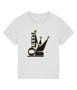 A white short-sleeve crewneck womens t-shirt featuring a black and gold graphic of a stylized crown with the word 'QUEEN' integrated into it, displayed on a clean white background.