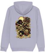 A light lavender-gray pullover hoodie shown from the back, featuring a large, detailed graphic print of various Japanese Shisa (horns of destruction) demons and skulls amidst golden clouds and a full moon.