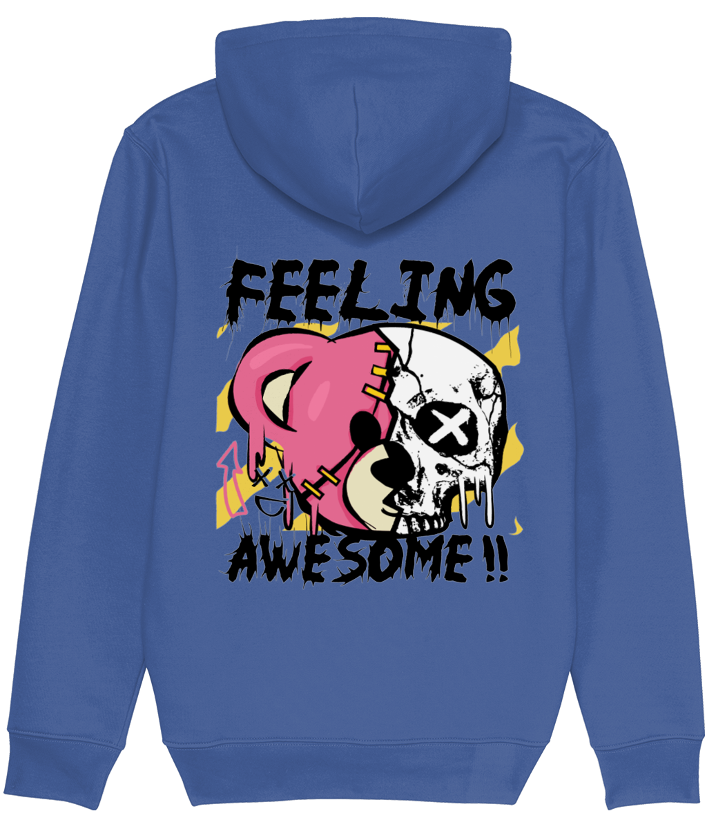 Men's Blue hoodie with a graphic design on the back featuring a skull and heart with 'FEELING AWESOME!!' text.