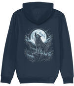 A womens navy blue hoodie shown from the back, featuring a large graphic print of a howling wolf under a full moon and stars.