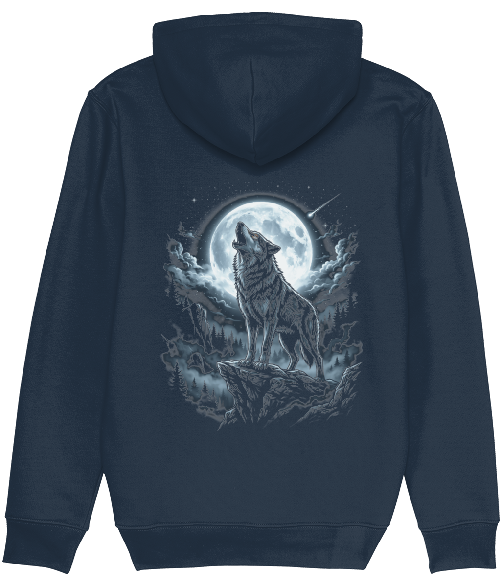 A womens navy blue hoodie shown from the back, featuring a large graphic print of a howling wolf under a full moon and stars.