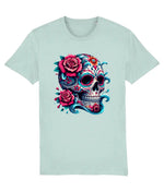 women's Stanley/Stella Light blue t-shirt with a colorful skull and roses design on a white background