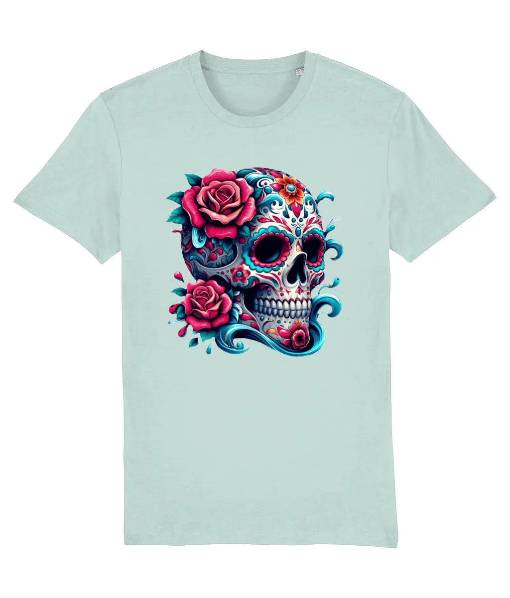 women's Stanley/Stella Light blue t-shirt with a colorful skull and roses design on a white background