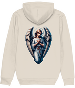A womens cream-colored hooded sweatshirt shown from the back, featuring a large graphic print of a praying angel with blue and white wings and a halo.