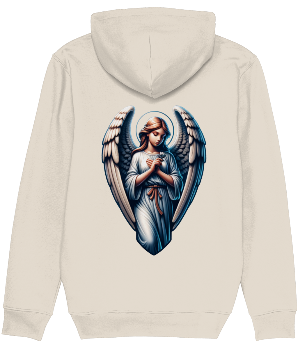 A womens cream-colored hooded sweatshirt shown from the back, featuring a large graphic print of a praying angel with blue and white wings and a halo.