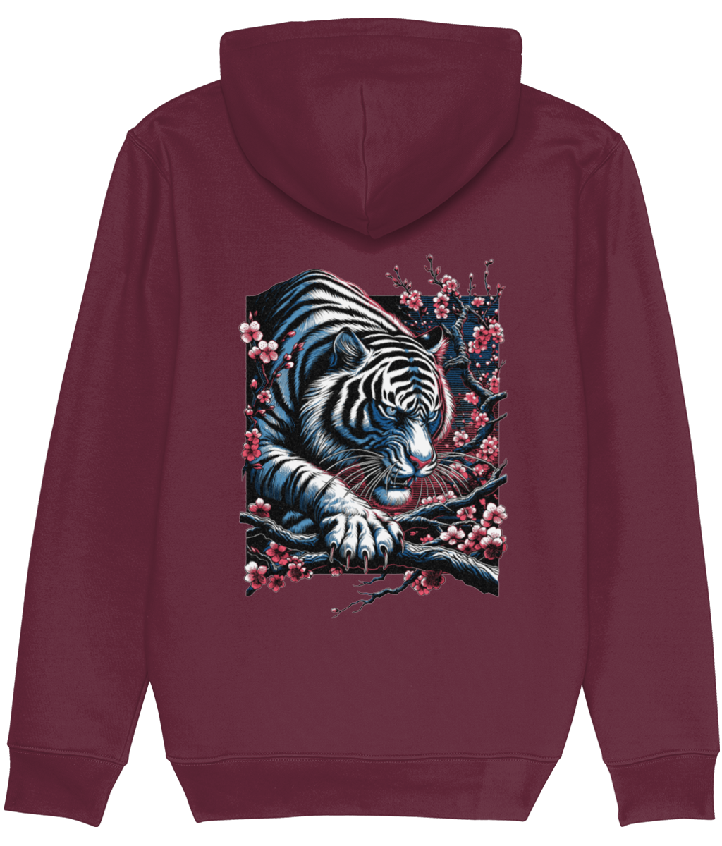 A womens maroon hoodie shown from the back, featuring a large graphic print of a white tiger with black stripes and pink blossoms on a branch.