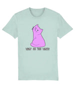 Light blue t-shirt with a pink cat graphic and text 'WHAT DO YOU WANT?' on a white background