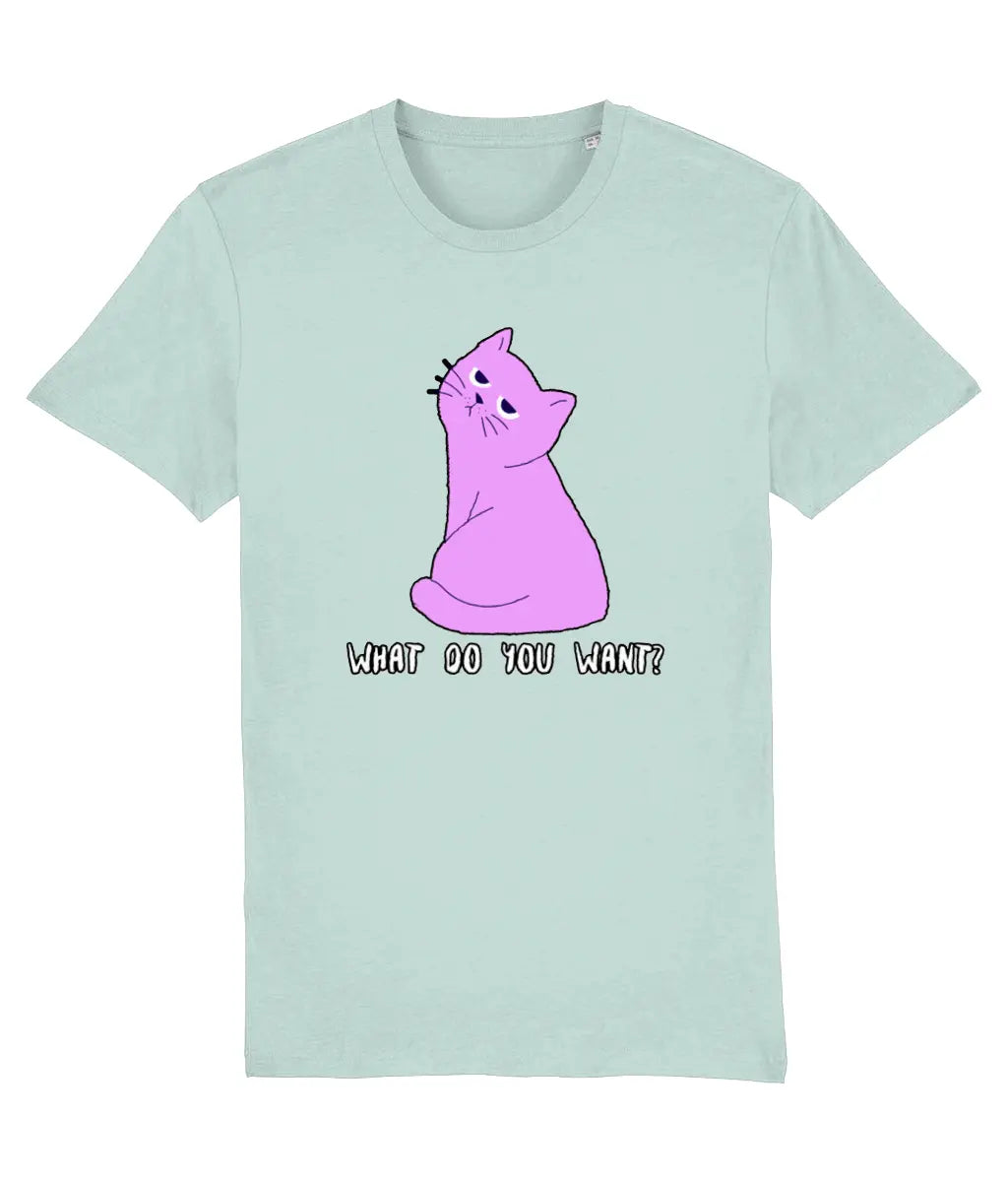 Light blue t-shirt with a pink cat graphic and text 'WHAT DO YOU WANT?' on a white background