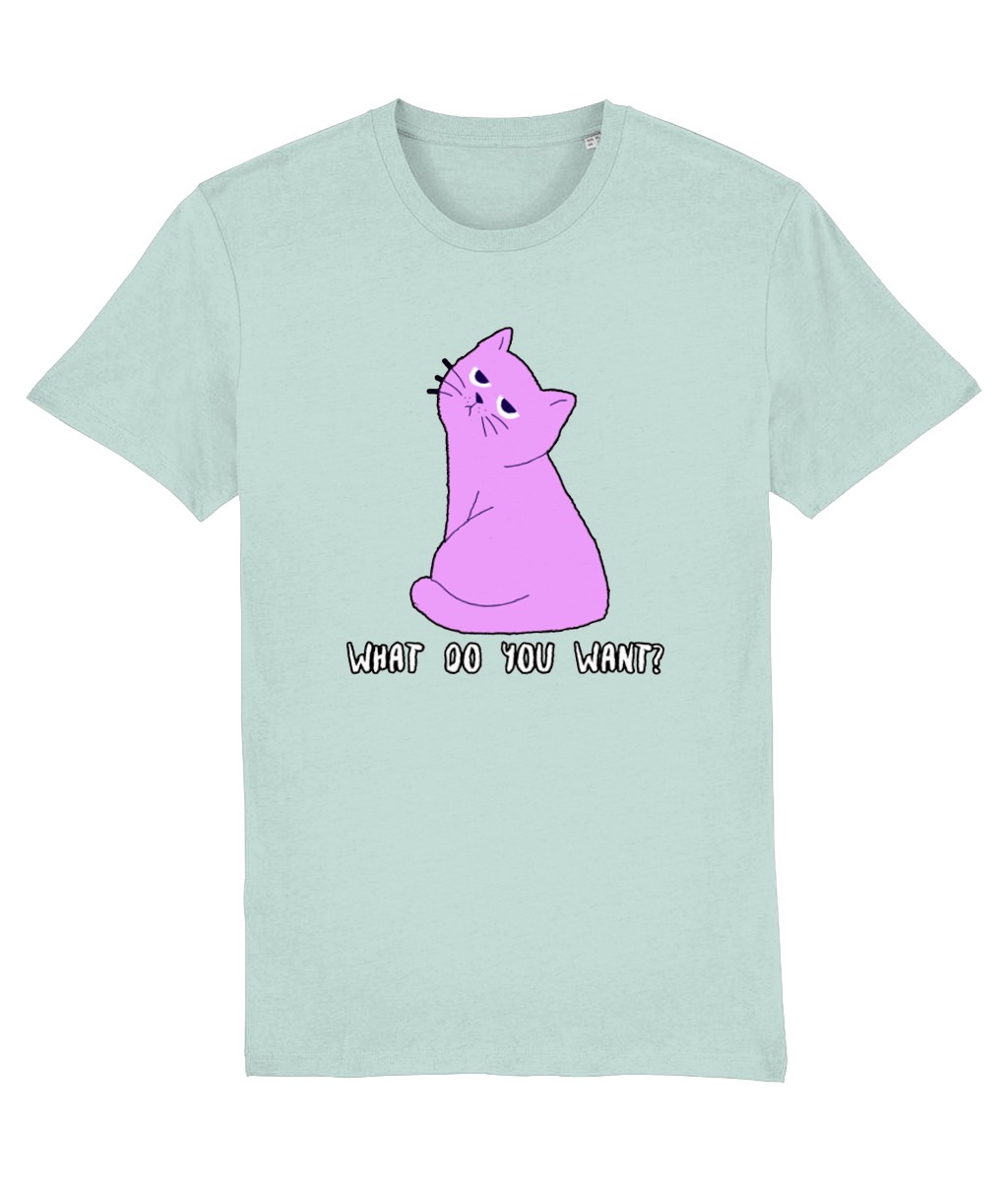 Light blue t-shirt with a pink cat graphic and text 'WHAT DO YOU WANT?' on a white background