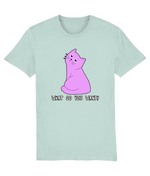Light blue t-shirt with a pink cat graphic and text 'WHAT DO YOU WANT?' on a white background