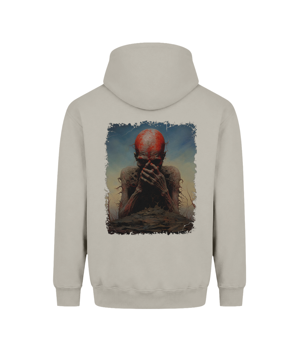 A men’s graphic hoodie with a dark demonic horror design inspired by dark fantasy, gothic art, and horror culture. The artwork shows a mysterious creature with a weathered, otherworldly appearance, creating a powerful dark aesthetic.