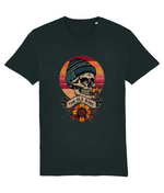 Black t-shirt with a skull wearing a beanie and flowers design on a white background