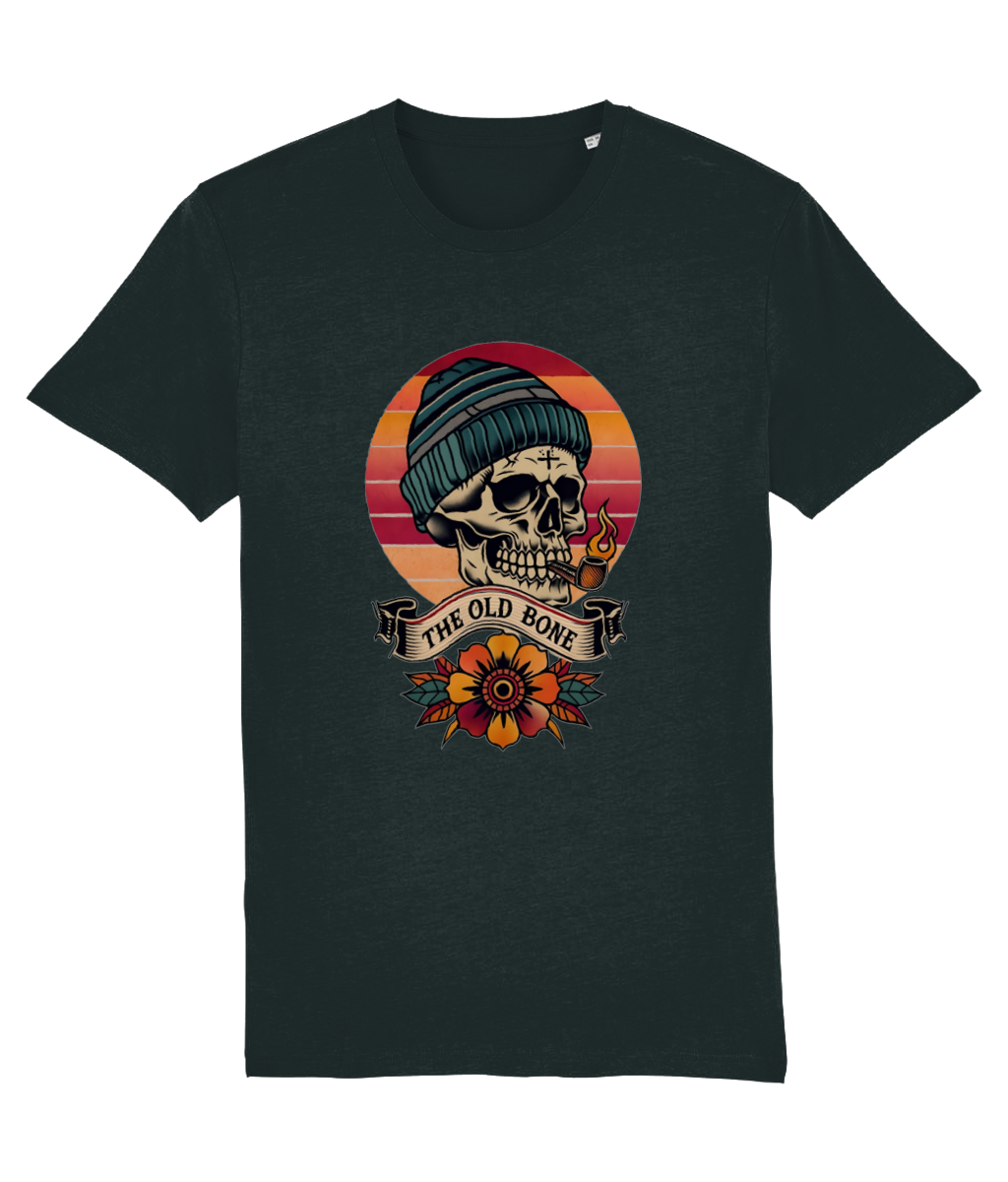 Black t-shirt with a skull wearing a beanie and flowers design on a white background