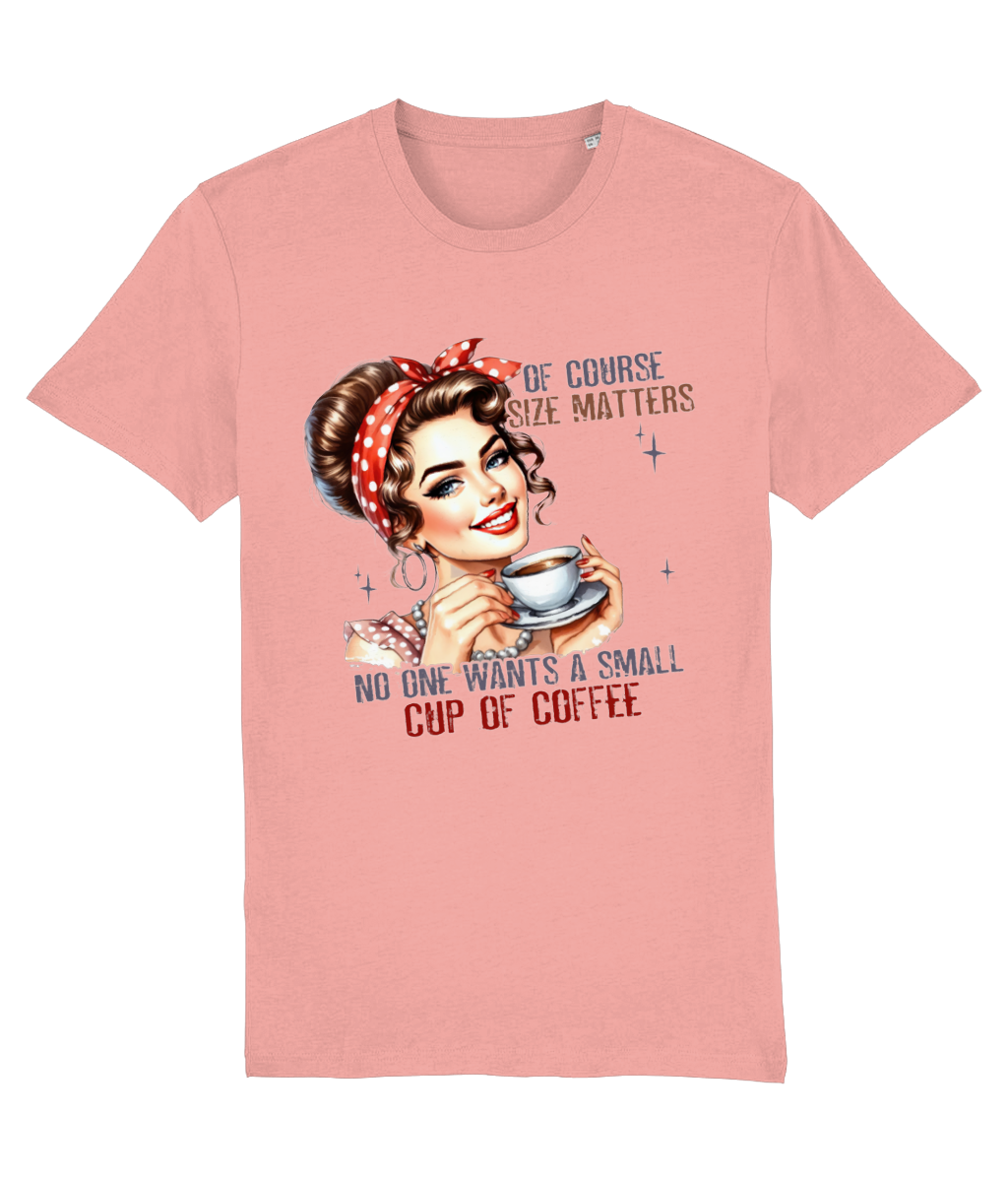 Women's Pink t-shirt with a graphic of a woman holding a coffee cup and text on a white background