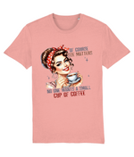 Women's Pink t-shirt with a graphic of a woman holding a coffee cup and text on a white background