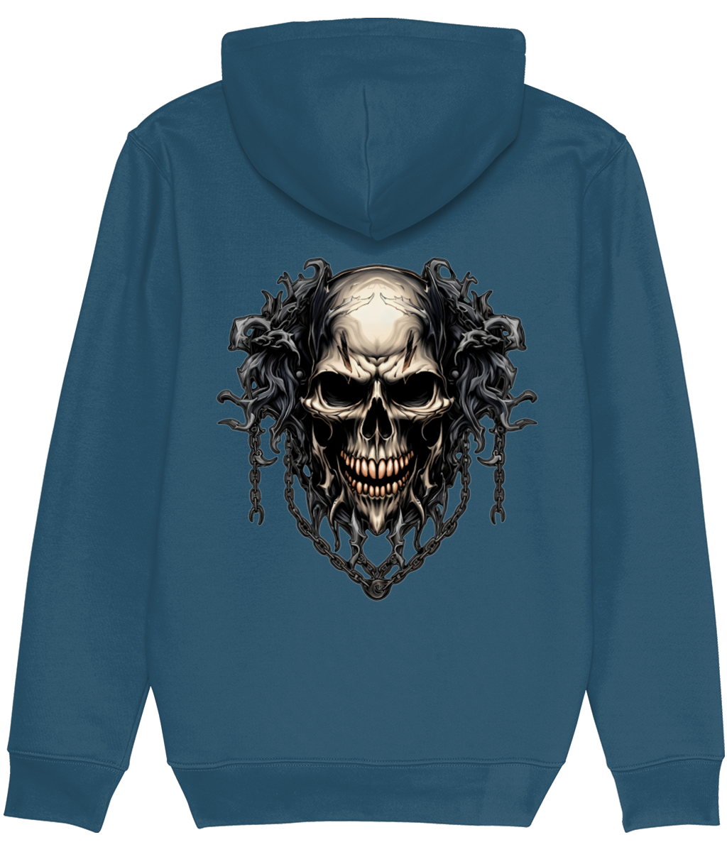 Men's Blue hoodie with a skull design on the back against a white background