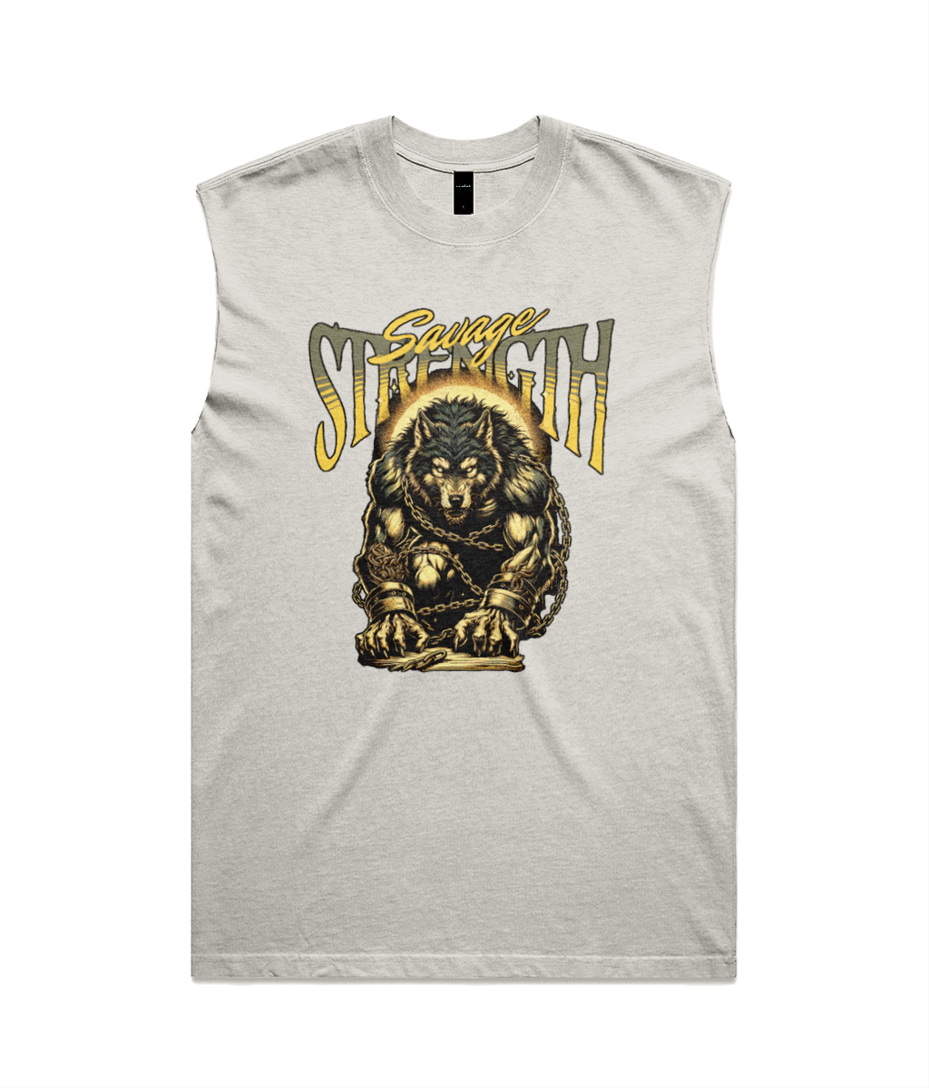 A sleeveless light gray heather tank top featuring a graphic print of a muscular bear chained down with the text 'Gavage Strength' in yellow and black.