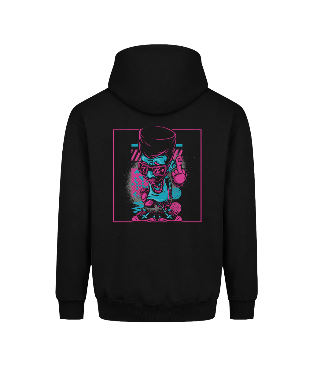 A premium men’s pullover hoodie with a detailed retro graphic print inspired by hip hop culture, urban art, and vintage streetwear.