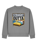 A gray crewneck womens sweatshirt featuring a graphic print on the front with the text 'STRAIGHT OUTTA' above an illustration of a bed with a yellow blanket and blue bedding.
