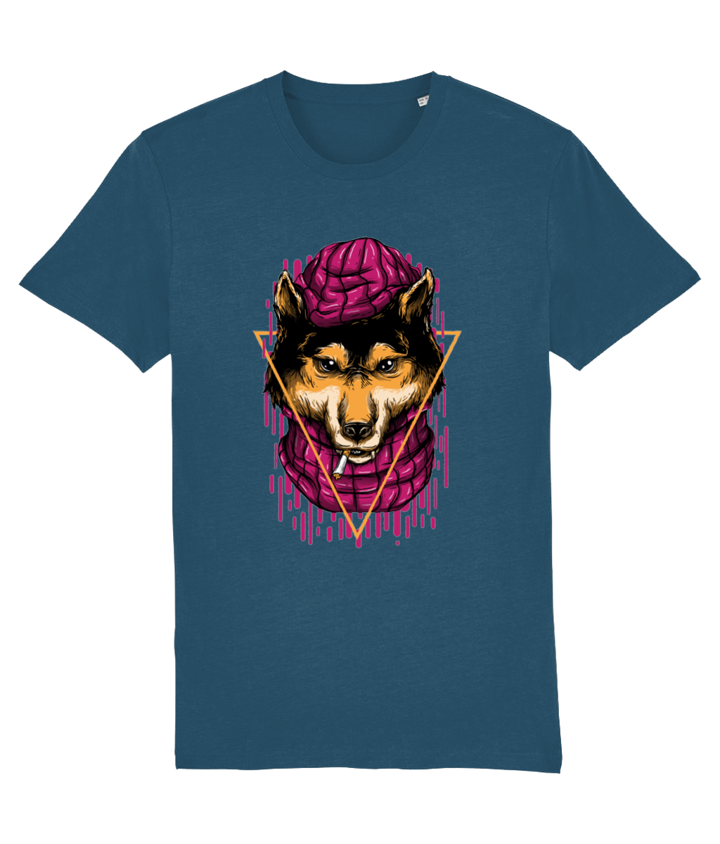 Blue t-shirt with a graphic of a wolf wearing a pink brain helmet on a white background