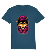 Blue t-shirt with a graphic of a wolf wearing a pink brain helmet on a white background