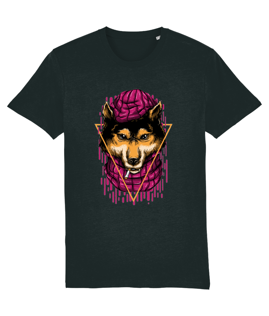 Black t-shirt with a graphic design of a wolf wearing a brain helmet on a white background