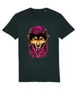 Black t-shirt with a graphic design of a wolf wearing a brain helmet on a white background