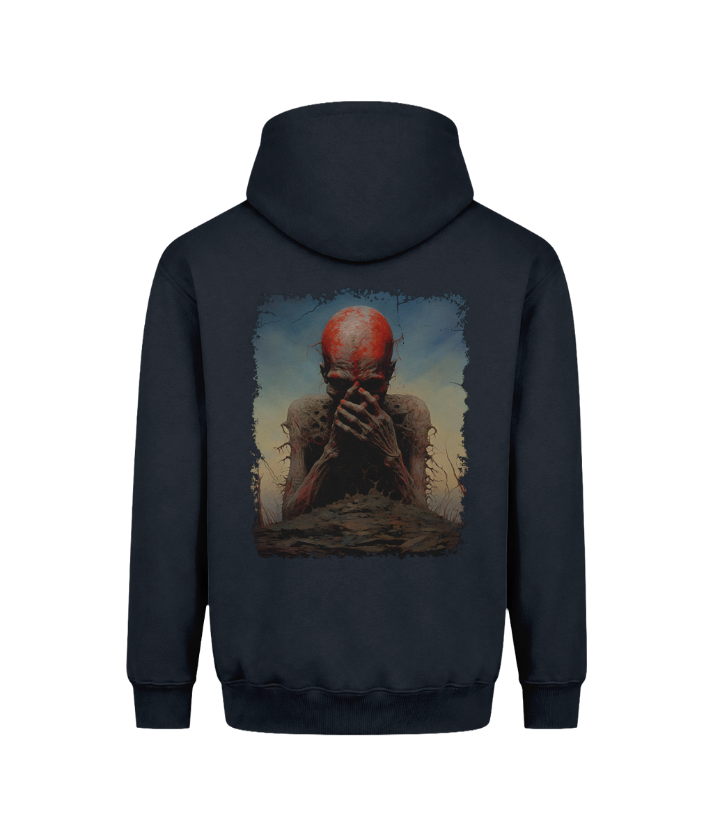 A men’s graphic hoodie with a dark demonic horror design inspired by dark fantasy, gothic art, and horror culture. The artwork shows a mysterious creature with a weathered, otherworldly appearance, creating a powerful dark aesthetic.