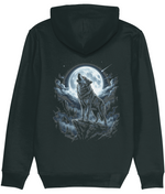 A womens dark charcoal gray hoodie shown from the back, featuring a large graphic print of a howling wolf under a full moon and cloudy night sky.
