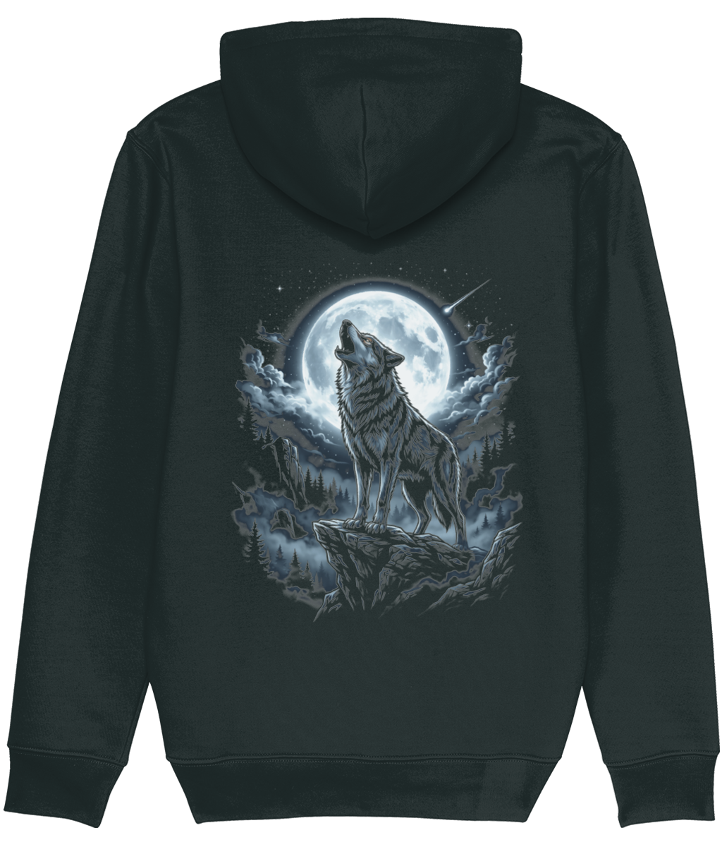A womens dark charcoal gray hoodie shown from the back, featuring a large graphic print of a howling wolf under a full moon and cloudy night sky.