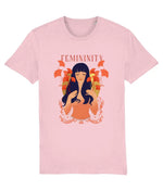 women's Pink t-shirt with a graphic of a woman and the word 'Femininity' on a white background