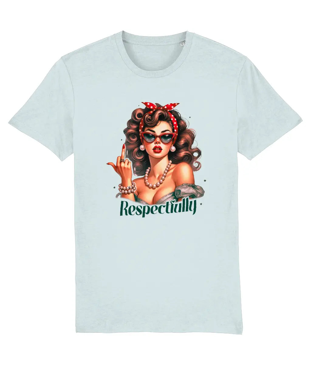 Women's Light blue t-shirt with a graphic of a woman and the word 'Respectfully' on a white background