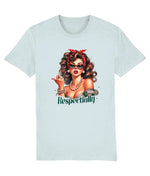 Women's Light blue t-shirt with a graphic of a woman and the word 'Respectfully' on a white background