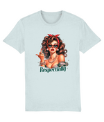 Women's Light blue t-shirt with a graphic of a woman and the word 'Respectfully' on a white background