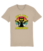 Beige t-shirt with a graphic of a cat holding guns and text 'Pew Pew Madafakas' on a white background