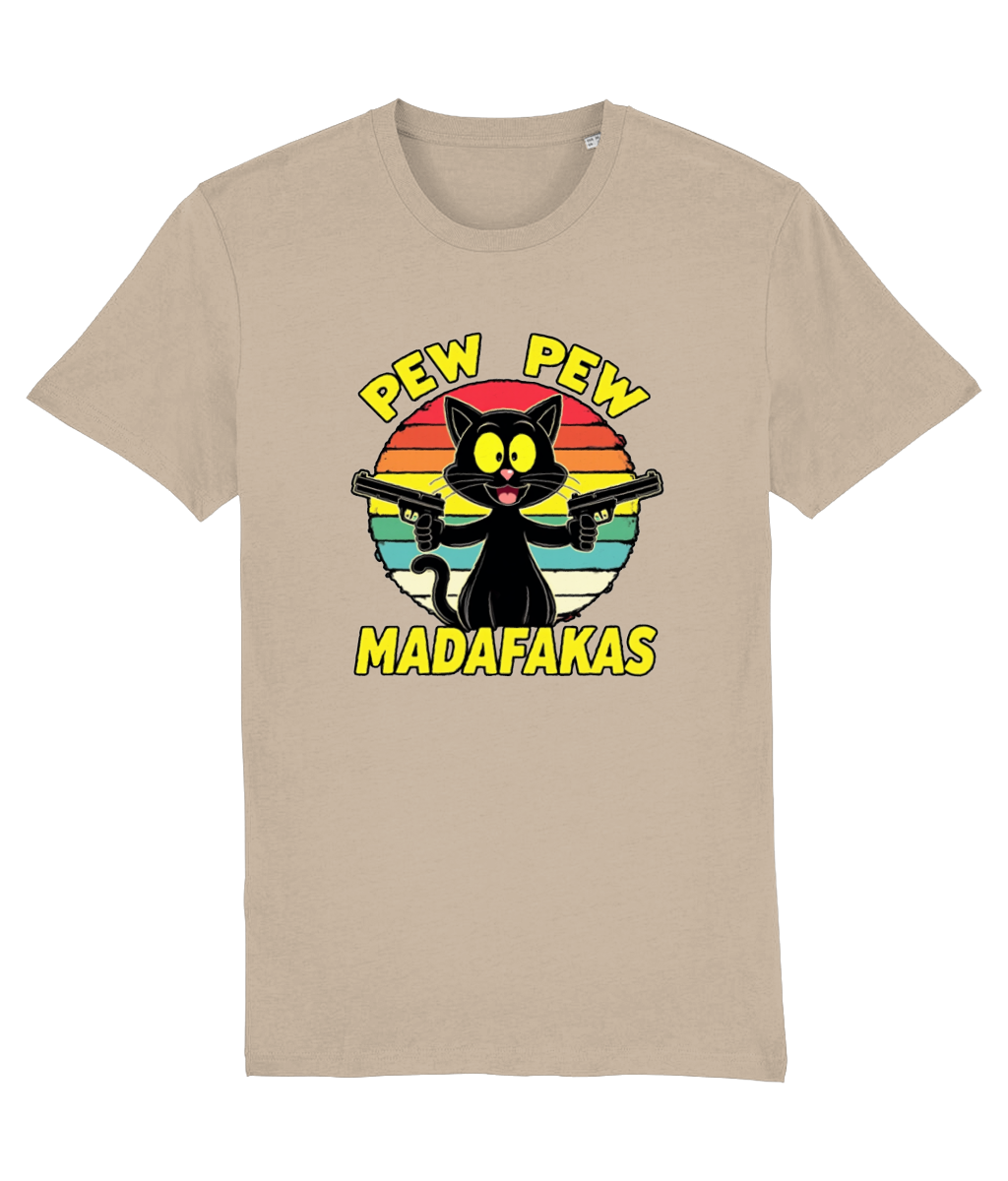 Beige t-shirt with a graphic of a cat holding guns and text 'Pew Pew Madafakas' on a white background