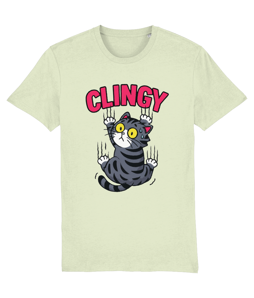 Women's Light green t-shirt with a cartoon cat and 'CLINGY' text on a white background