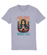 Women's Stanley/Stella Light purple t-shirt with a graphic design of a woman praying, surrounded by flowers, with text 'Pray More Worry Less' on a white background.