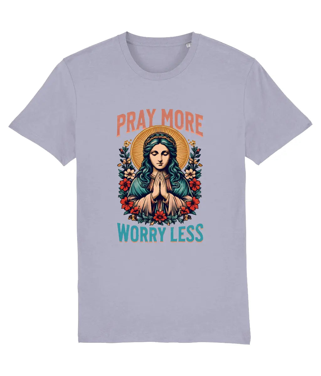 Women's Stanley/Stella Light purple t-shirt with a graphic design of a woman praying, surrounded by flowers, with text 'Pray More Worry Less' on a white background.