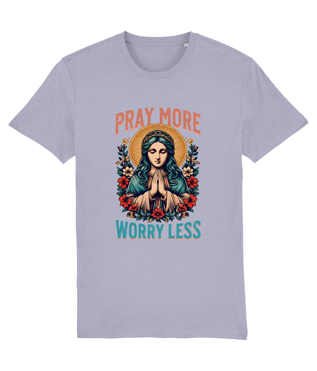Women's Stanley/Stella Light purple t-shirt with a graphic design of a woman praying, surrounded by flowers, with text 'Pray More Worry Less' on a white background.