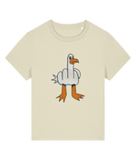 A light beige crewneck t-shirt featuring a cartoon graphic of a white goose giving the middle finger, with orange beak and legs, on a solid white background.
