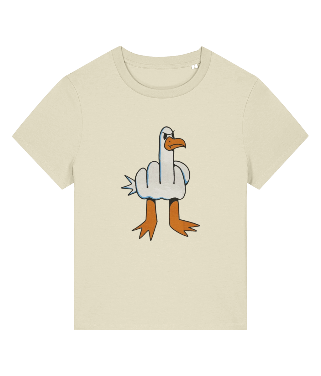 A light beige crewneck t-shirt featuring a cartoon graphic of a white goose giving the middle finger, with orange beak and legs, on a solid white background.