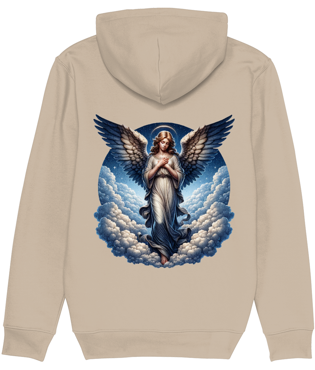 Women's Beige hoodie with an angel graphic on the back against a white background