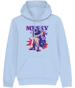 Woman Light blue hoodie with graphic design and 'MISSY' text on a white background