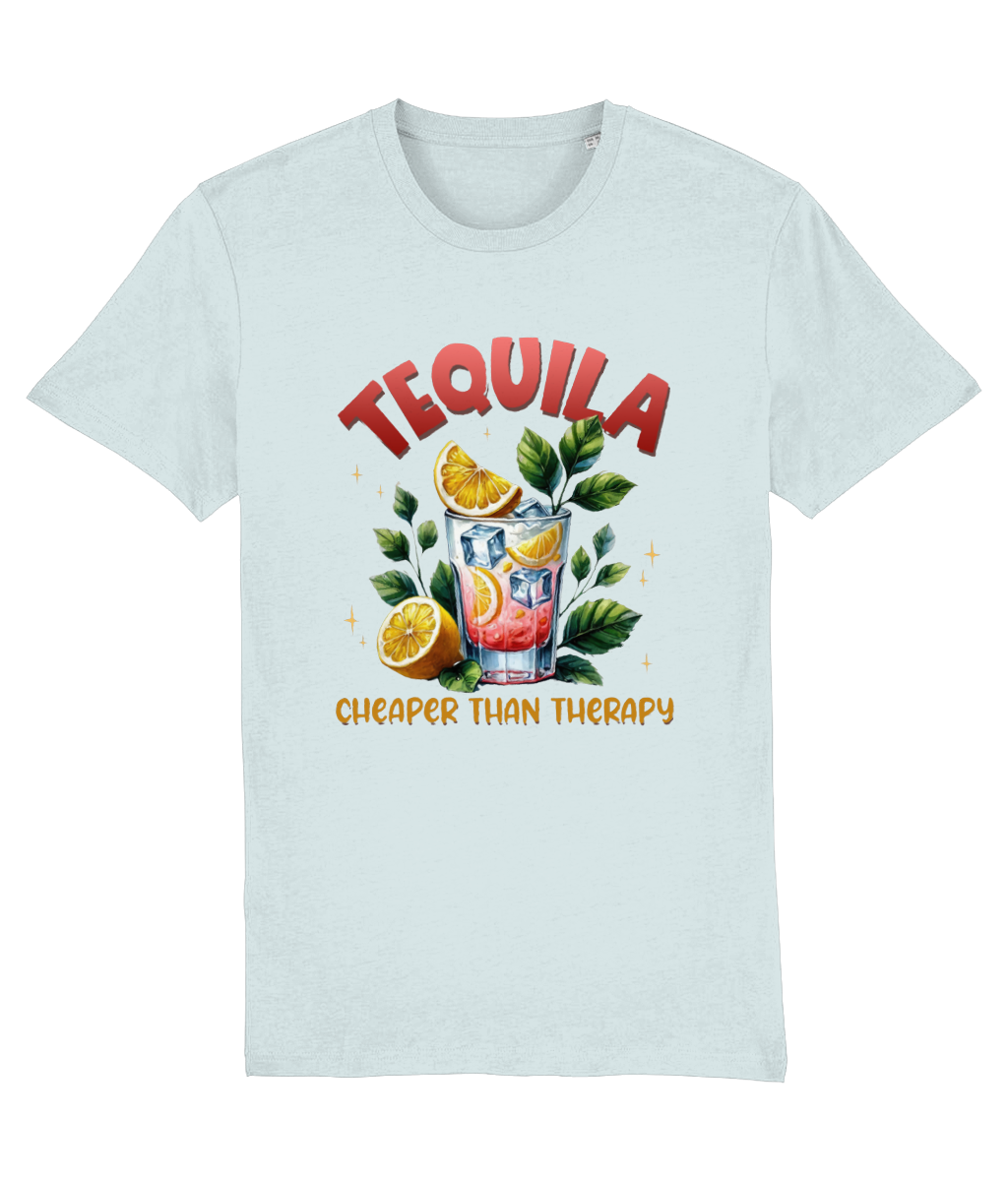 Women's Light blue t-shirt with tequila graphic and text on a white background.